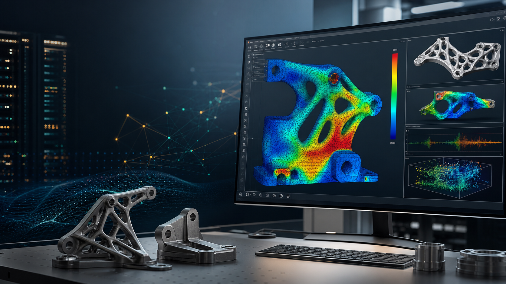 Engineering simulation workstation showing a finite element model and optimization results